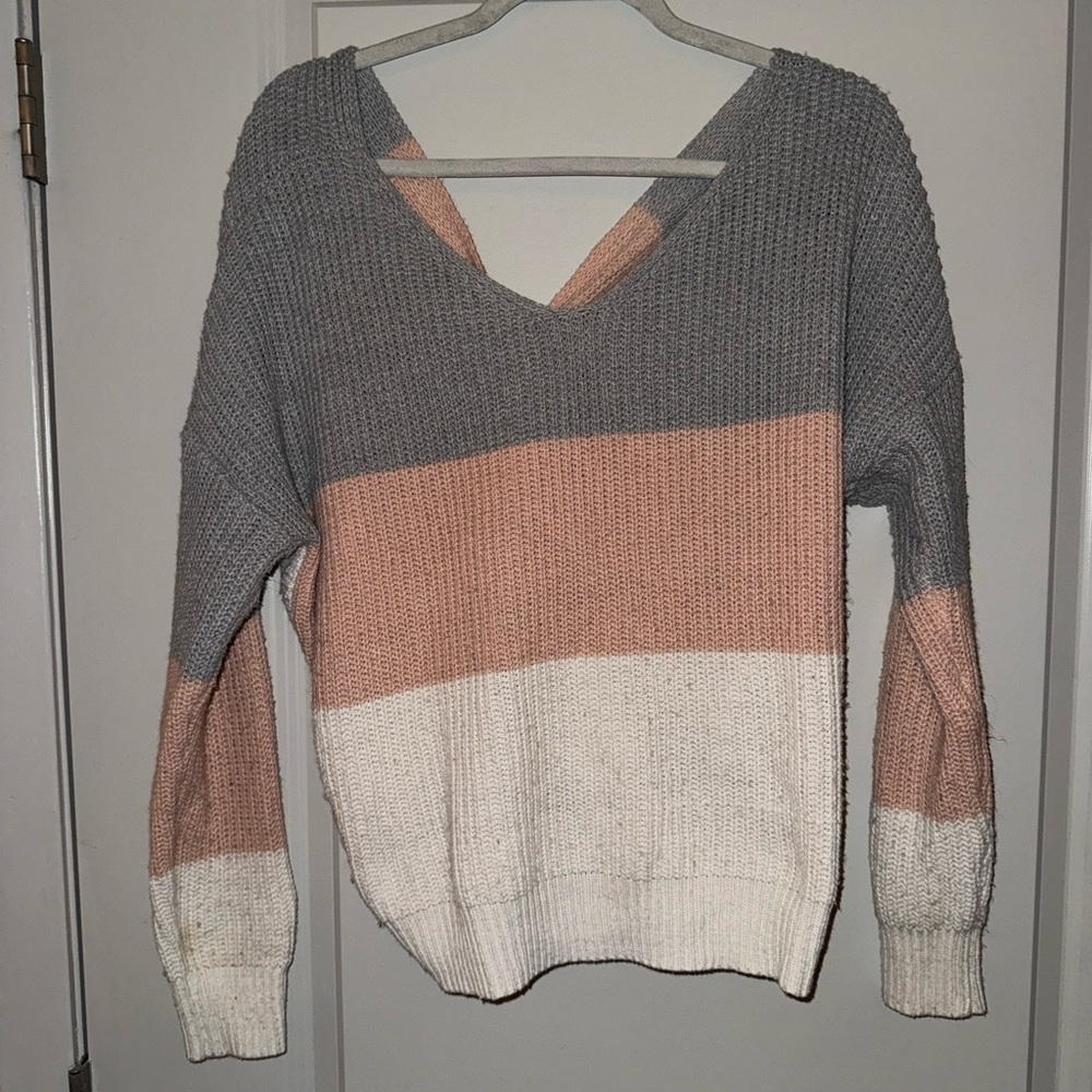 Colorblock V-Neck Sweater - Gray, Tan, and White